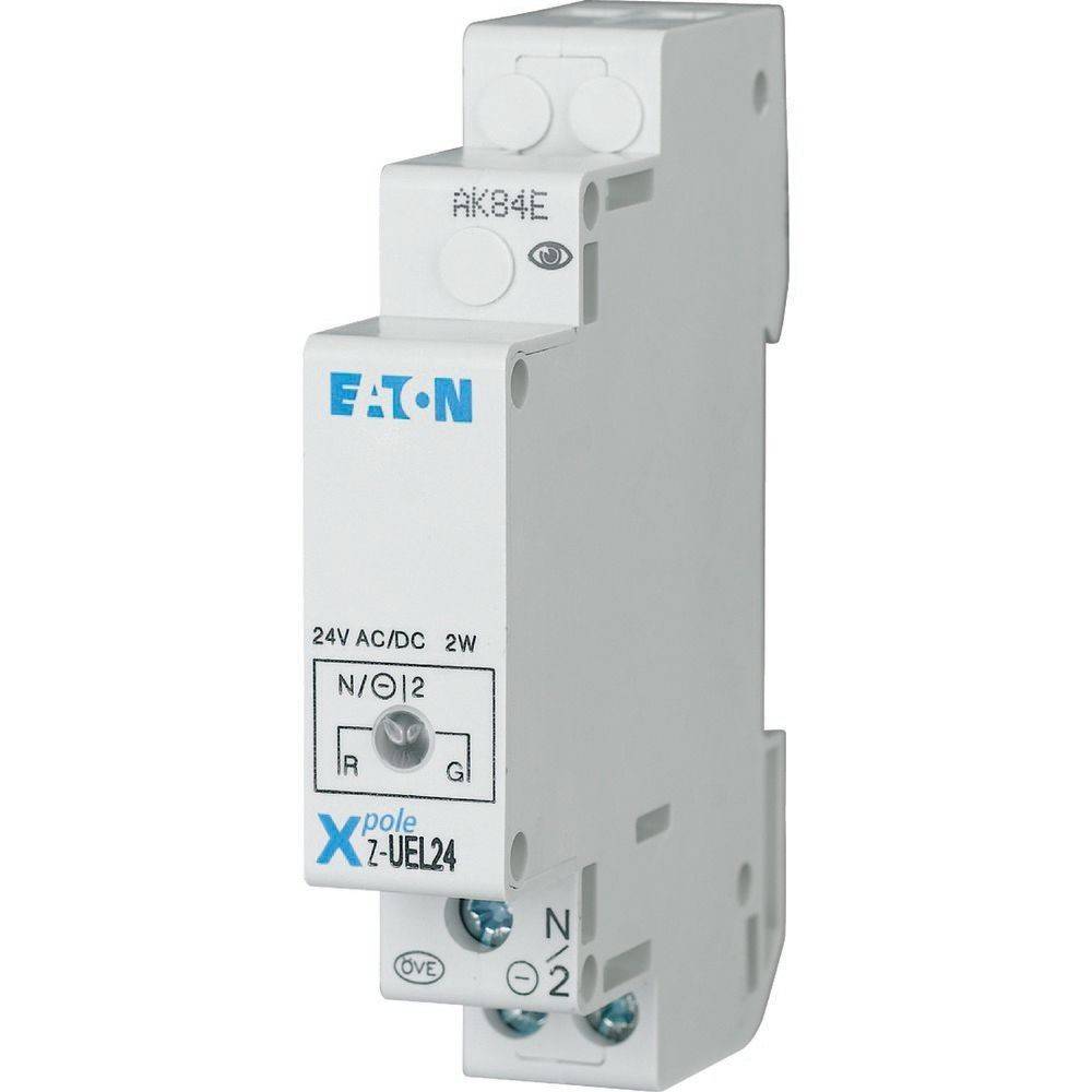 Eine weiße Eaton Xpole Z-UE24 elektrische Komponente, gekennzeichnet für 24V AC/DC und 2W, mit Anschlusspunkten für N (Neutralleiter) und 2 Anschlussklemmen.