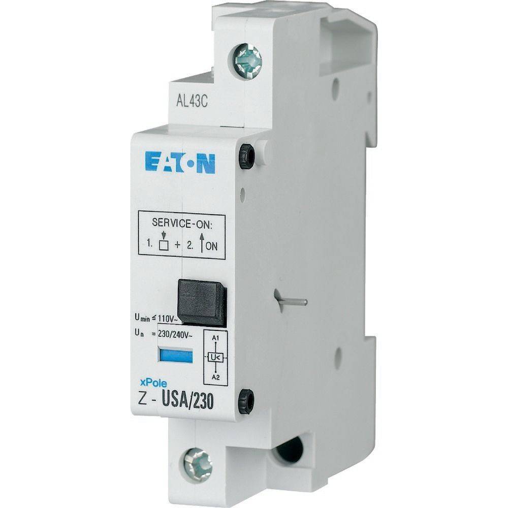Ein Leistungsschalter von Eaton, Modell Z-USA/230, geeignet für 230/240V, mit Anzeigen für Betrieb und Auslösezustände sowie gekennzeichneten Schaltern.