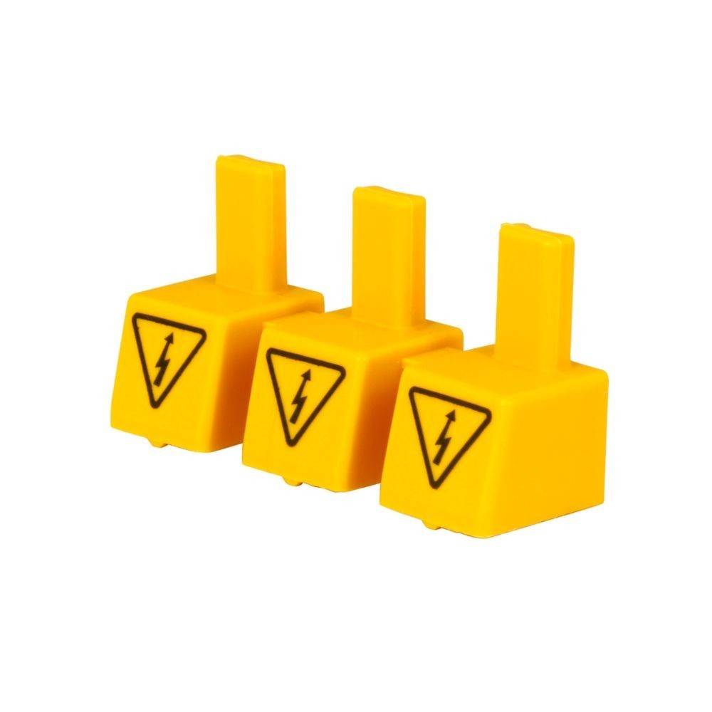 Drei gelbe LEGO-Steine mit einem Blitzsymbol, das Elektrizität oder Vorsicht anzeigt.