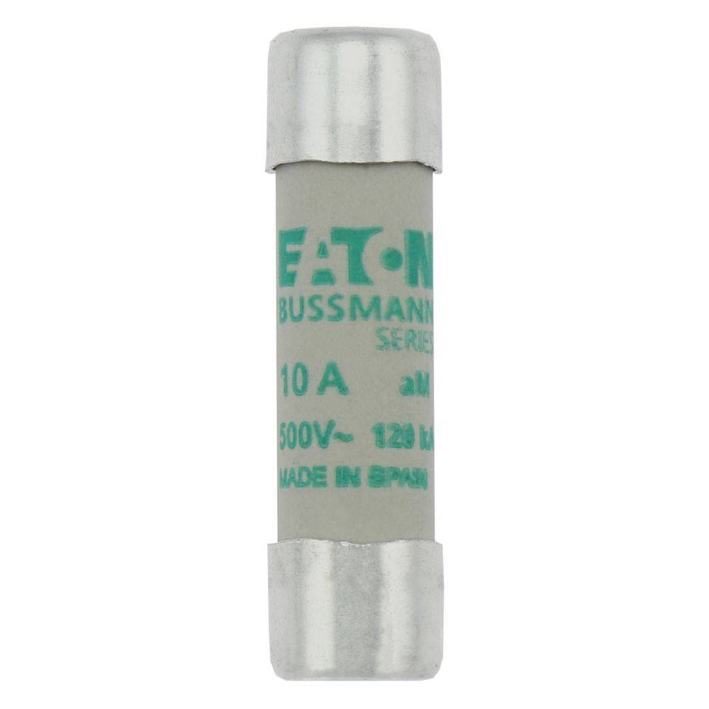 Eine zylindrische weiße Sicherung mit der Beschriftung 'EATON BUSSMANN Series 10A 500V~ 120kA' und metallischen Enden, die elektrische Spezifikationen anzeigt.