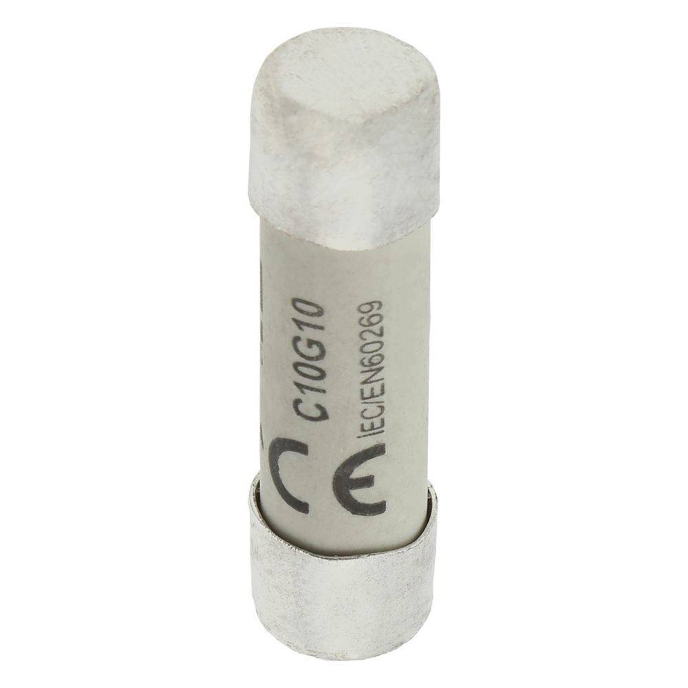Eine Zylindersicherung mit der Markierung 'C10G10' und 'IEC:EN60269', die eine CE-Kennzeichnung trägt und damit die Einhaltung europäischer Normen bestätigt.