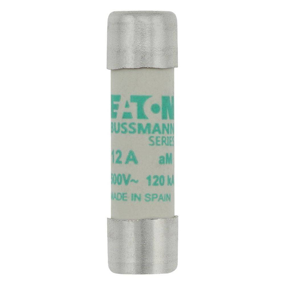 Ein Bussmann 12A Sicherung von Eaton, bewertet mit 500V und 120kA, hergestellt in Spanien.