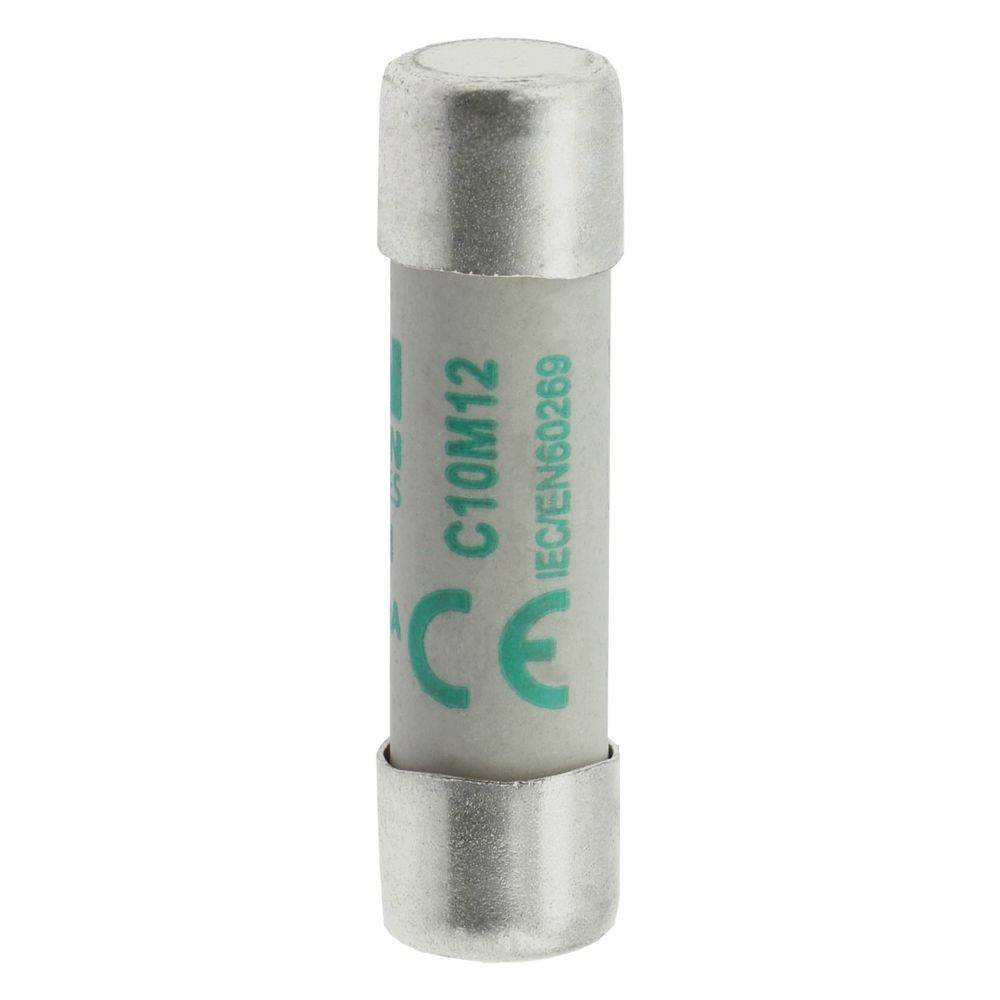 Eine zylindrische elektronische Sicherung mit einem weißen Gehäuse und silbernen Enden, gekennzeichnet mit 'C10M12' und 'IEC60269', verwendet für Überstromschutz.