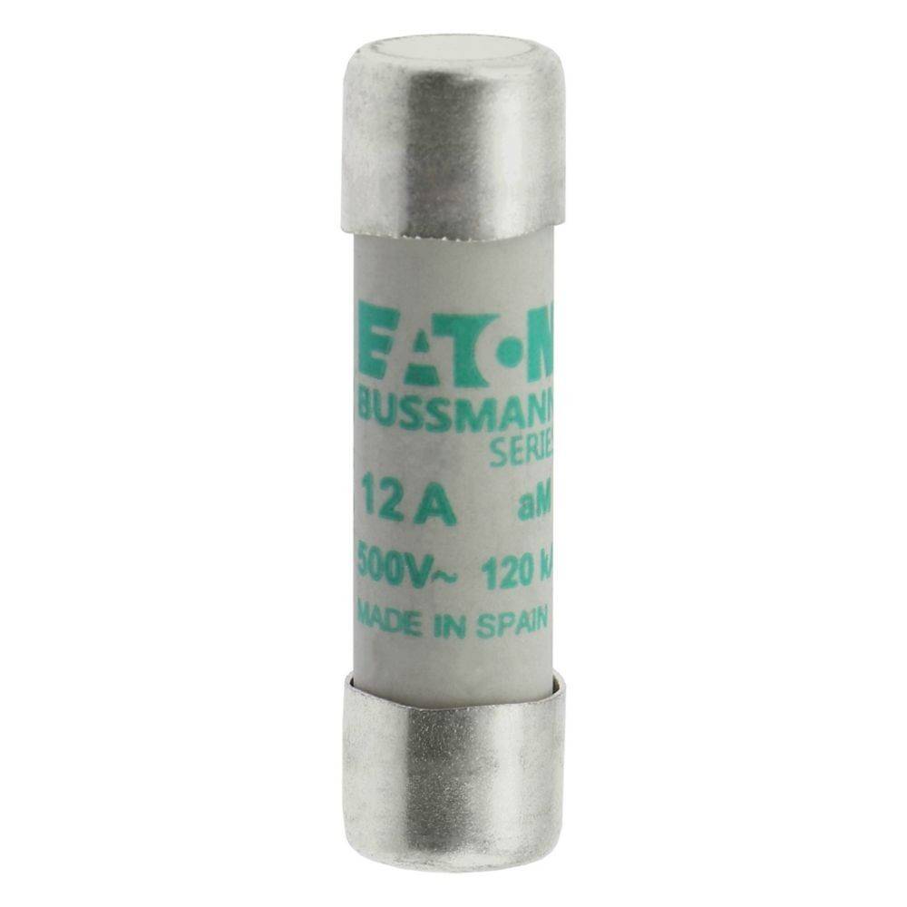 Eine Zylindersicherung, gekennzeichnet mit 'EATON Bussmann Serie 12A, 500V, 120kA, Made in Spain' zum elektrischen Schutz.