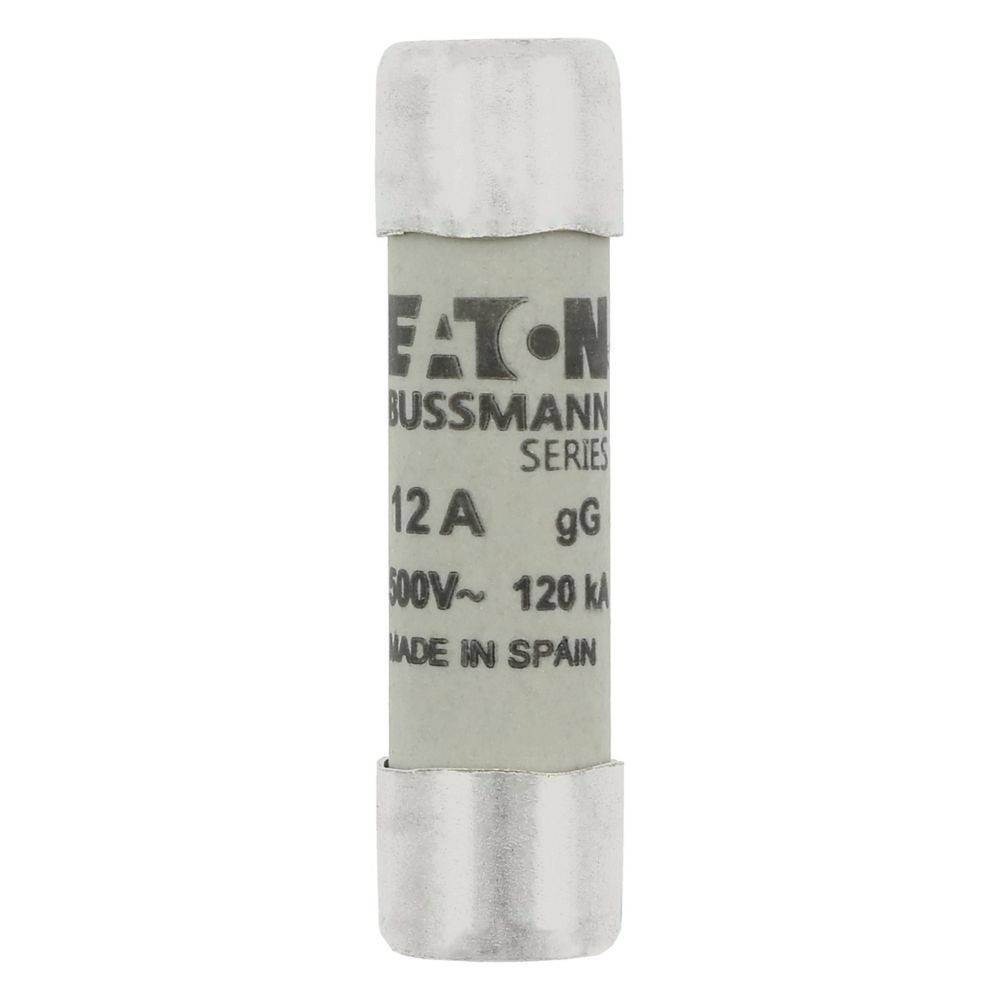 Eine weiße zylindrische Sicherung mit der Aufschrift 'Eaton Bussmann Series 12A 500V 120kA Made in Spain', verwendet zur elektrischen Stromkreisabsicherung.