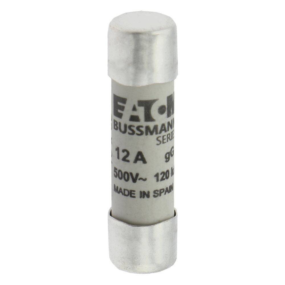 Ein zylindrischer elektrischer Sicherungshalter der 'Eaton Bussmann Series', bemessen mit 12A, 500V, hergestellt in Spanien, mit Metallkappen an beiden Enden.