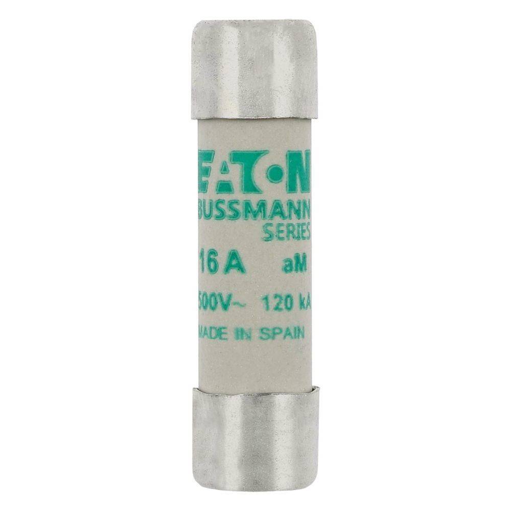 Ein zylindrischer Sicherungseinsatz mit der Beschriftung 'Eaton Bussmann Serie, 16A, 500V, 120kA, Hergestellt in Spanien'.