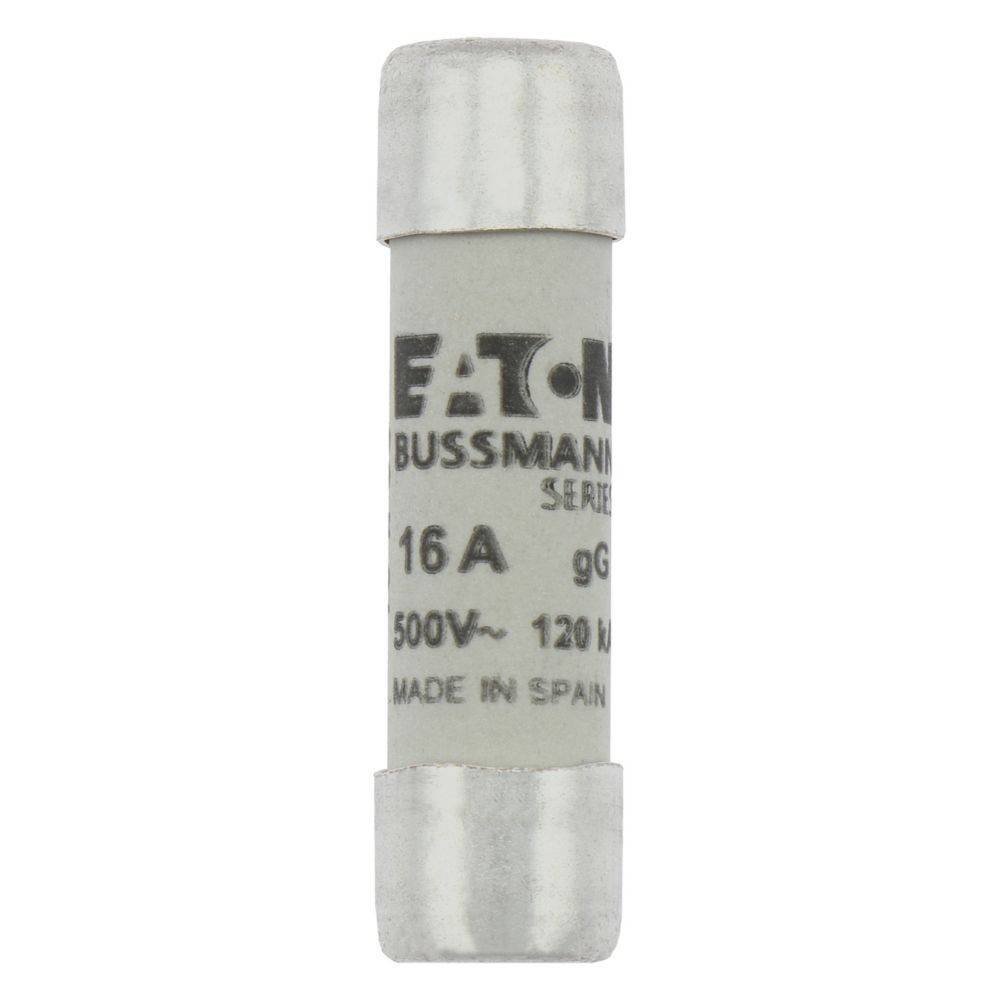Eine Zylindersicherung mit der Beschriftung 'Eaton Bussmann Series 16A 500V - 120kA' mit Metallkappen an beiden Enden, hergestellt in Spanien.