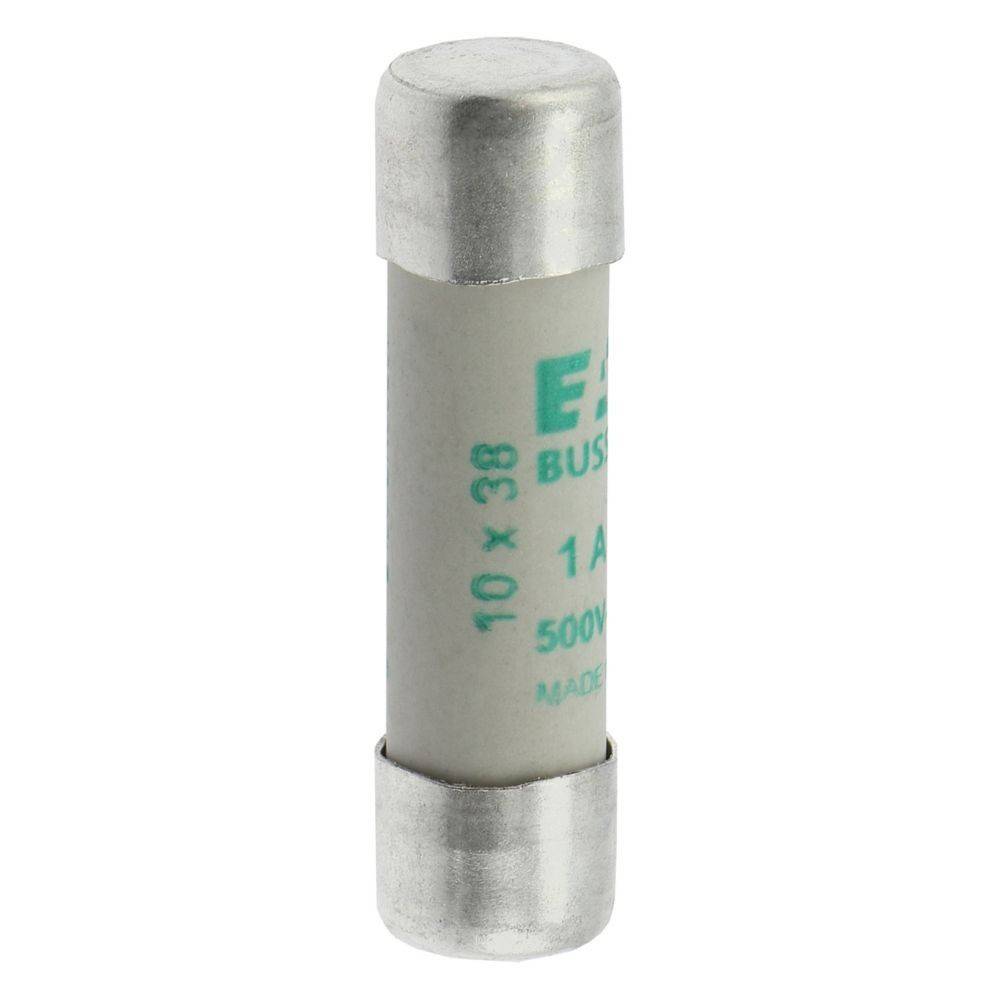Eine Zylindersicherung mit Metallendkappen, beschriftet mit '1A, 500V'.