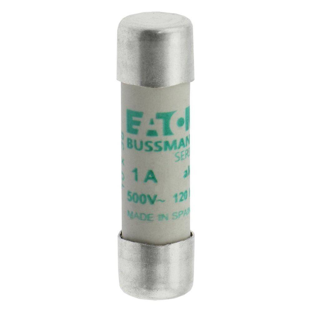 Eine zylindrische Sicherung mit Silberenden und einem weißen Körper, beschriftet mit 'Eaton Bussmann Serie, 1A, 500V~120kA hergestellt in Spanien'.