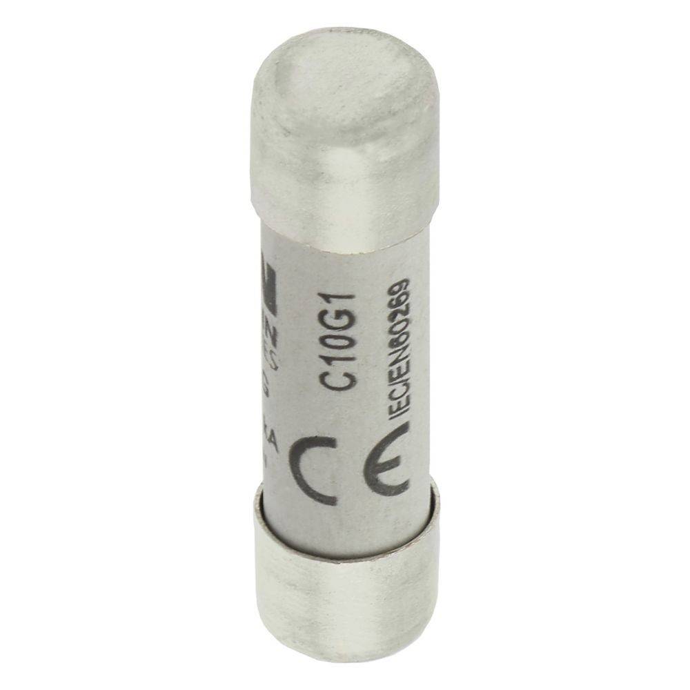 Eine kleine zylindrische Sicherung mit Metallkappen an beiden Enden, mit der Beschriftung 'C10G1' und versehen mit Sicherheitszertifizierungsmarkierungen.