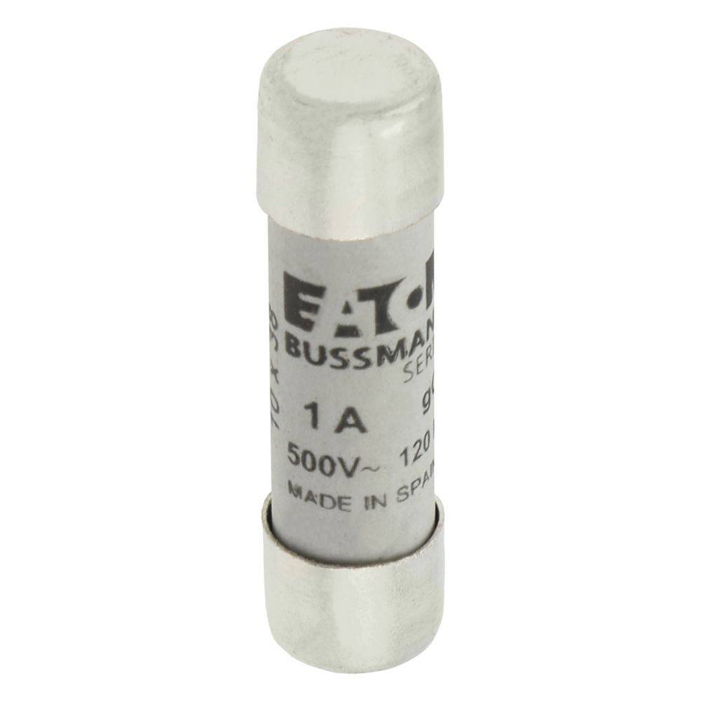Eine Zylindersicherung mit der Beschriftung 'Eaton Bussmann Serie, 1A, 500V 120kA', auf der 'Made in Spain' gedruckt ist.
