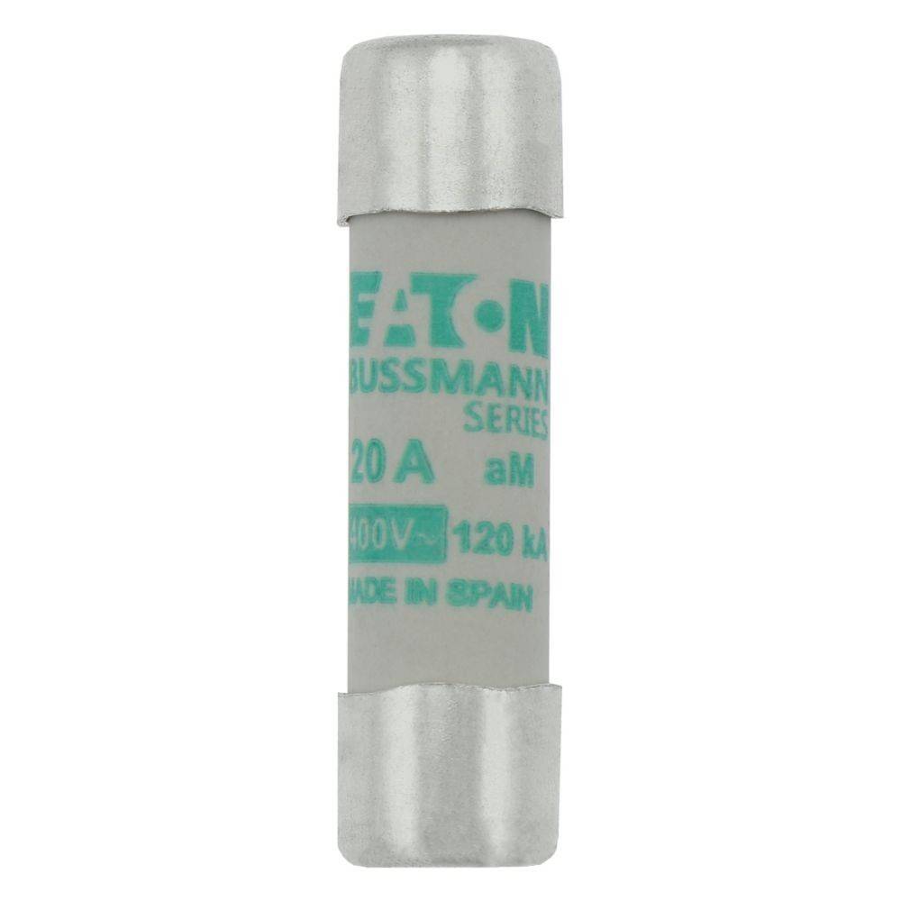 Eine zylindrische Sicherung mit metallischen Endkappen, auf deren Seite ‚EATON 20A 400V 120kA' aufgedruckt ist.