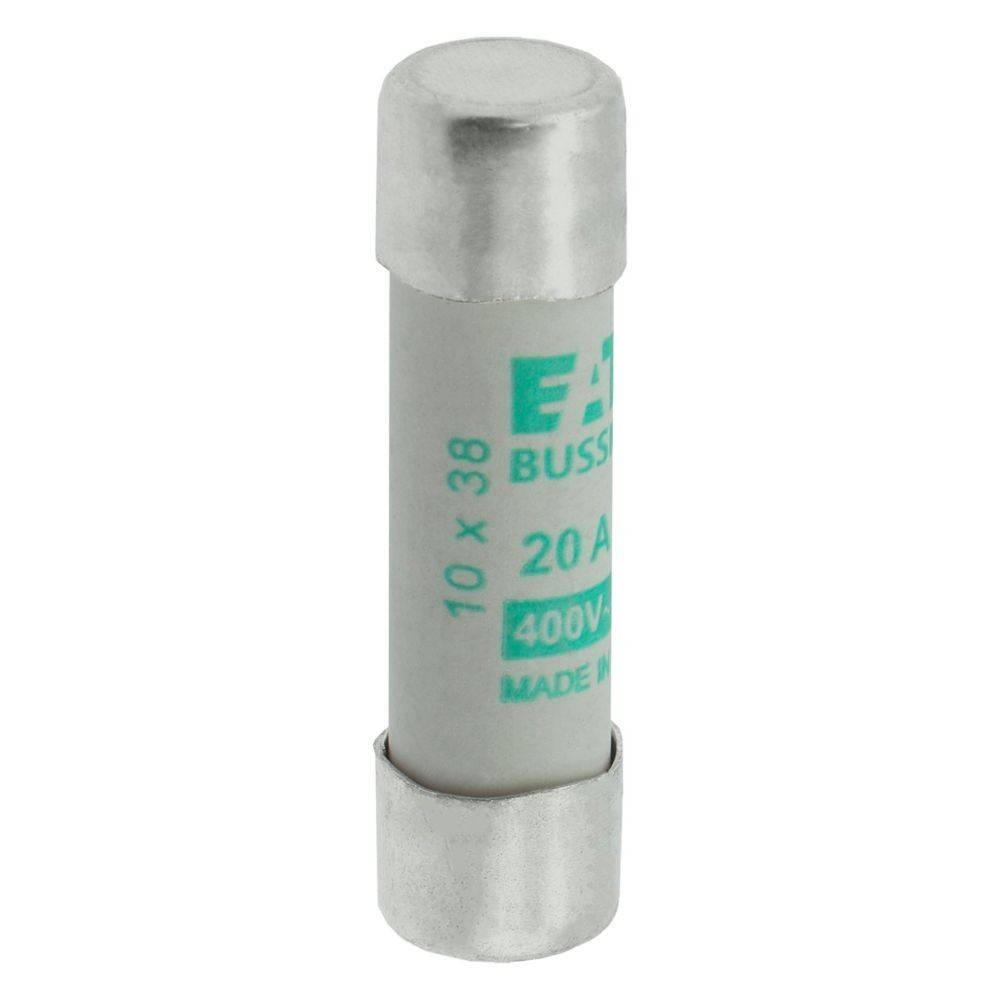 Eine zylindrische Eaton Bussmann-Sicherung, die mit '10 x 38', '20 A' und '400 V' gekennzeichnet ist und ihre Größe und elektrische Bewertung anzeigt.