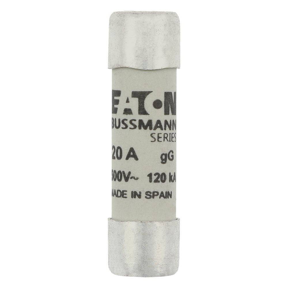 Eine zylindrische Sicherung mit Metallkappen mit der Beschriftung '20 A, 500 V, 120 kA, Made in Spain, EATON Bussmann Series'.