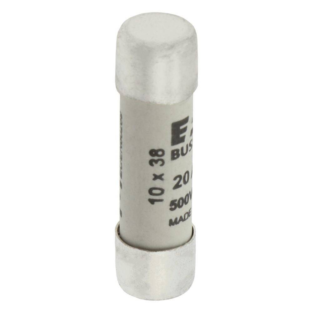Eine zylindrische Keramik-Sicherung mit der Beschriftung '10 x 38, 20 A, 500V, Made in China', die zur elektrischen Leitungsabsicherung entwickelt wurde.