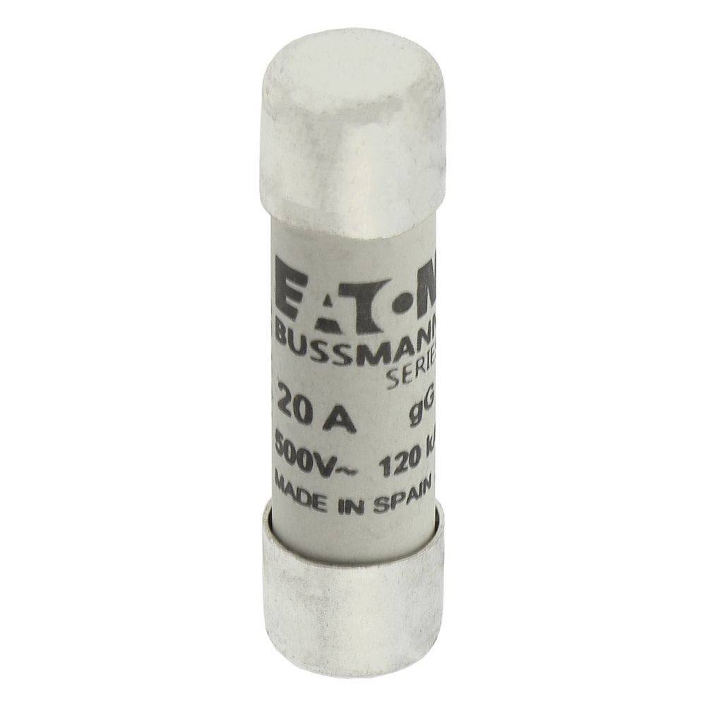 Eine Zylindersicherung mit der Markierung 'Eaton Bussmann Series', '20A', '500V', '120kA', 'Hergestellt in Spanien'.