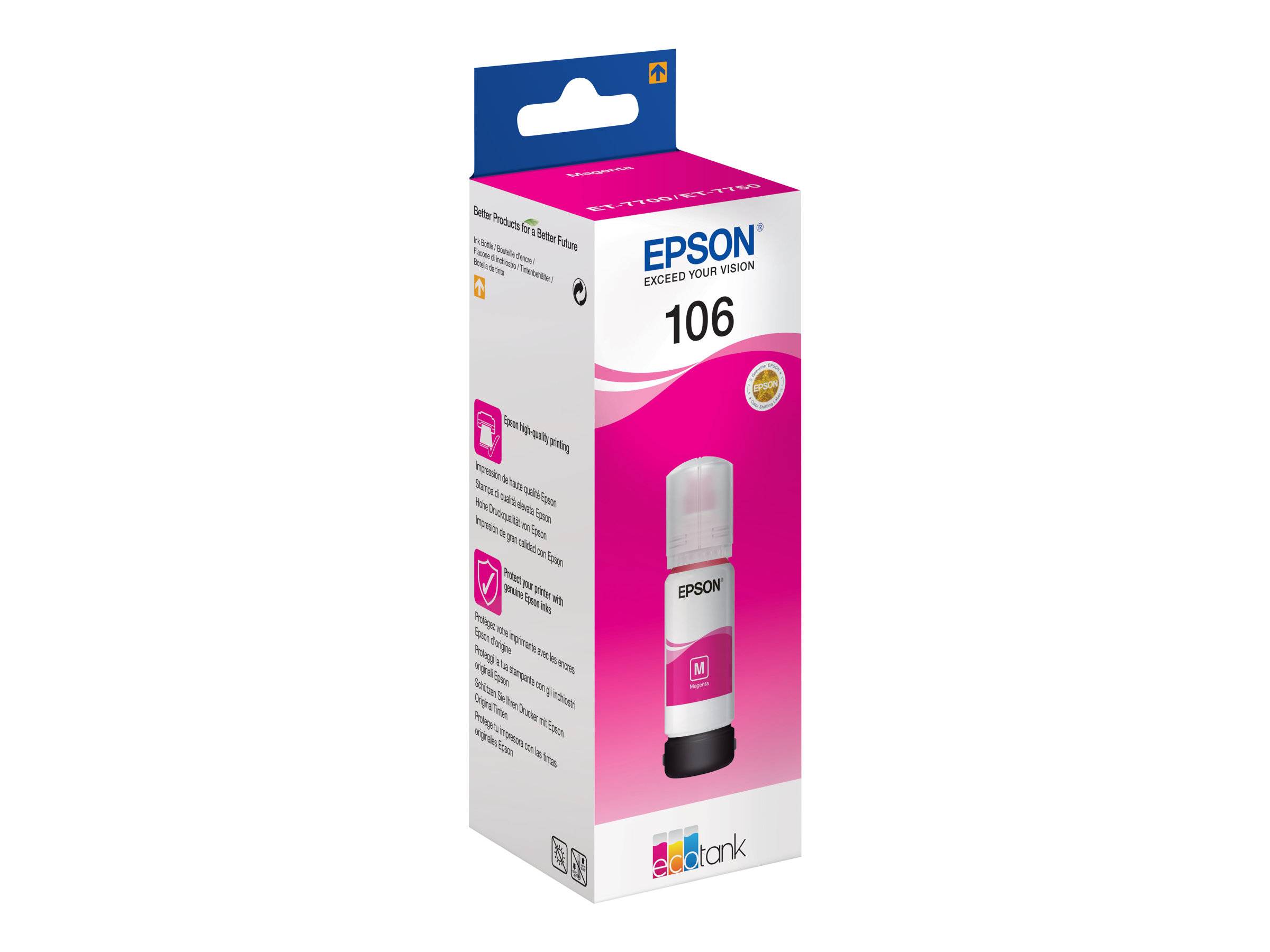 Epson EcoTank 106 Magenta-Tintenflaschen-Verpackung in einer Einzelhandelsbox dargestellt.