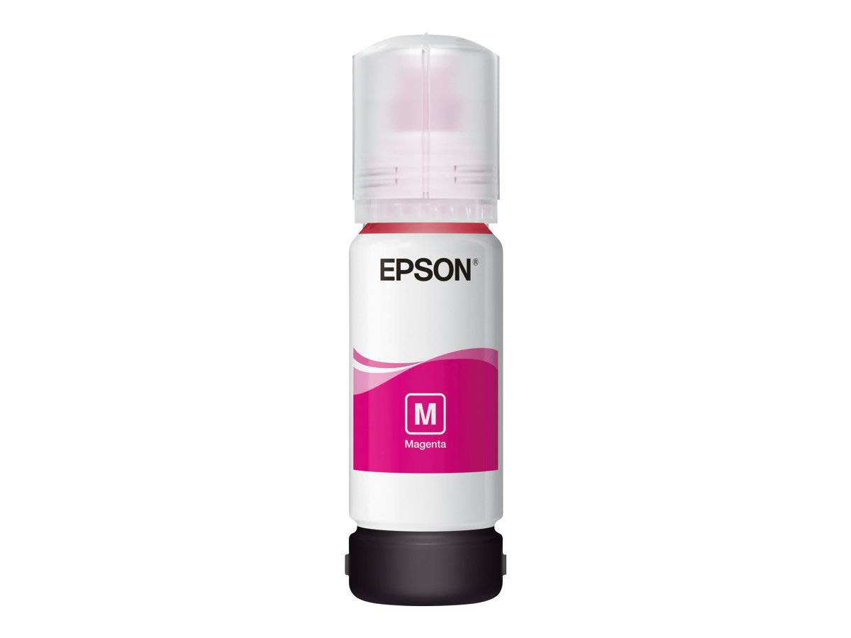 Epson Magenta-Tintenflasche mit Kappe, aufrecht auf weißem Hintergrund dargestellt.