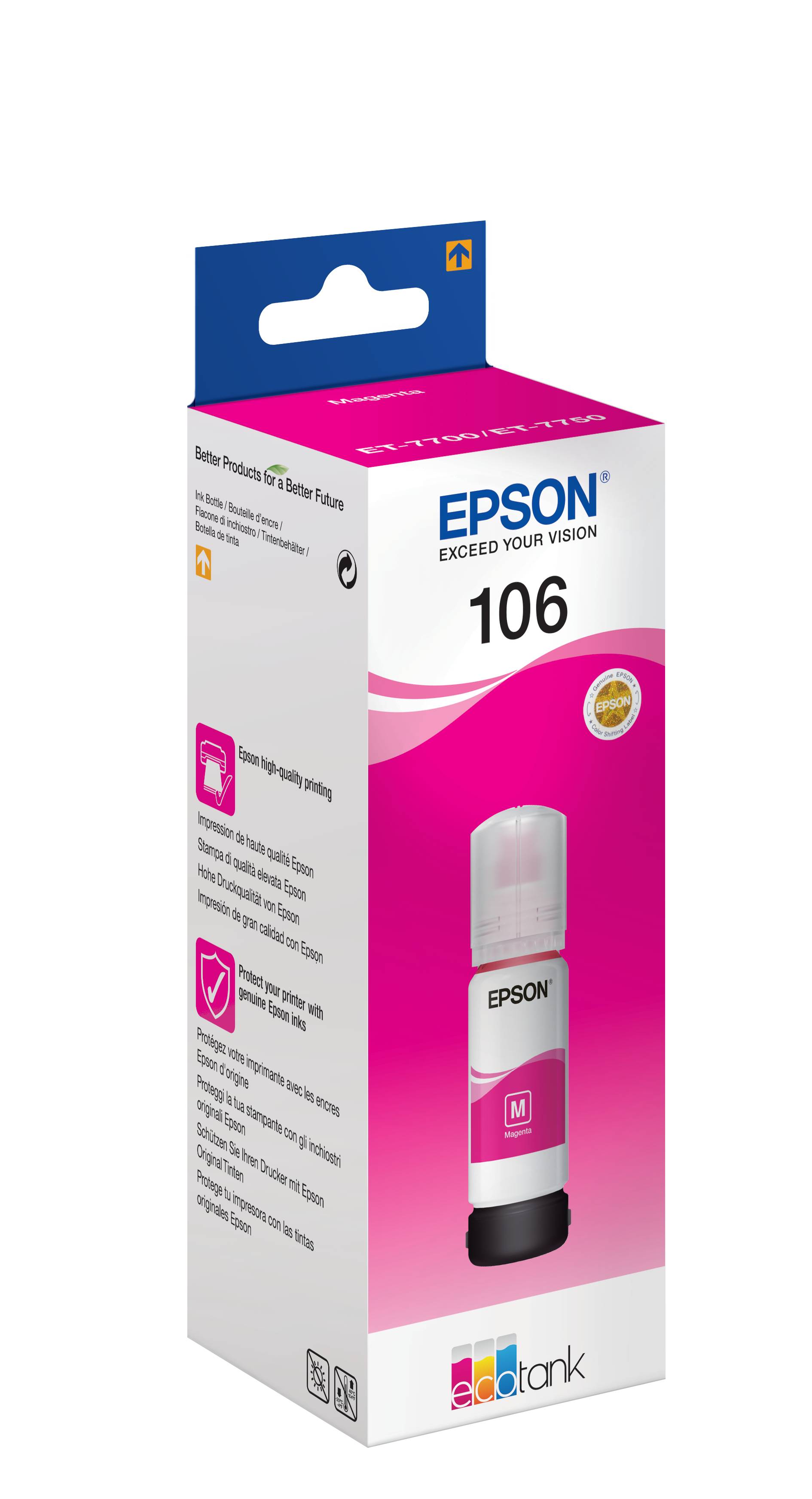 Epson 106 Magenta-Tintenflasche Verpackungsbox mit Epson-Logo, „EXCEED YOUR VISION