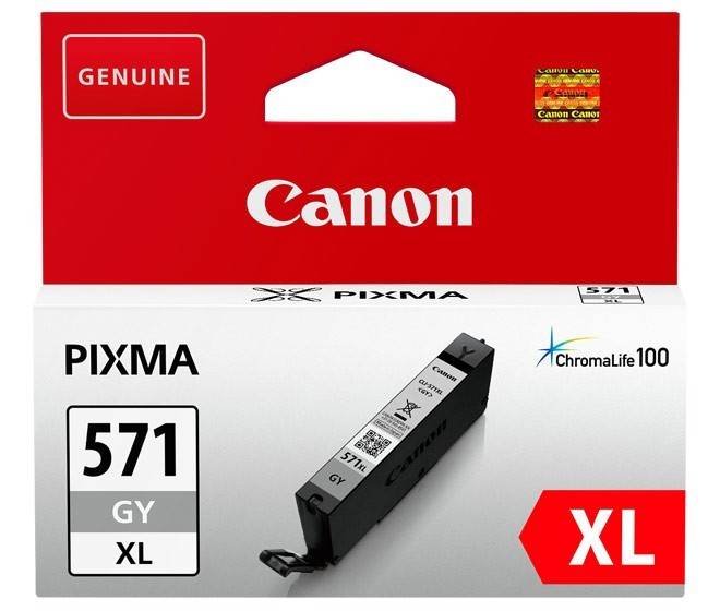 Canon PIXMA 571 GY XL Tintenpatrone Verpackung, die das Echtheitsetikett, das ChromaLife100-Logo und die deutliche XL-Größenangabe präsentiert.