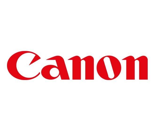 Canon-Logo mit roter stilisierter Schrift auf weißem Hintergrund.
