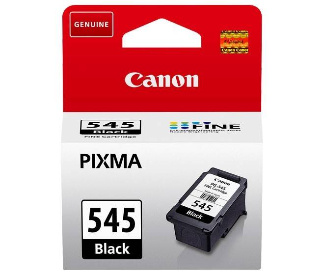 Eine Canon PIXMA 545 Schwarzpatrone Schachtel zeigt das Canon-Logo und Etiketteninformationen, einschließlich der Patronenmodell- und Farbbezeichnung.
