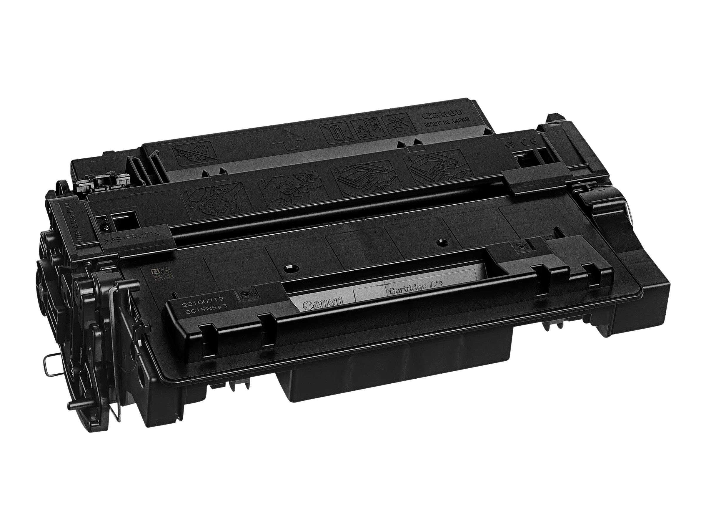 Schwarze Canon-Tonerpatrone für einen Laserdrucker, isoliert auf weißem Hintergrund dargestellt.