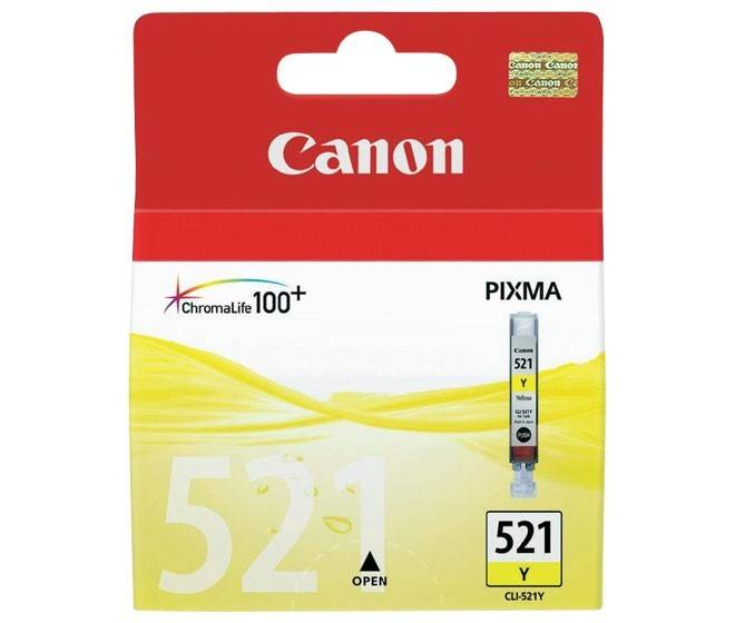 Canon PIXMA 521 Gelb-Tintenpatrone mit rotem Deckel und Farbspritzer.
