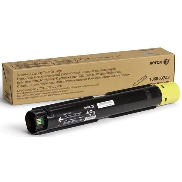 Xerox Gelbe Toner-Patrone mit hoher Kapazität mit ihrer Kartonschachtel, neben der Patrone auf weißem Hintergrund dargestellt.