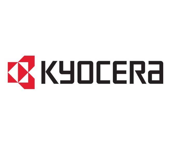 Kyocera-Logo mit einem stilisierten roten 'K'-Symbol, gefolgt vom Firmennamen in fetten schwarzen Buchstaben.