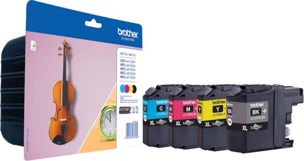 Druckerpatronen einer Marke, jeweils mit Etiketten für verschiedene Farben: Cyan, Magenta, Gelb, Schwarz. Verpackung zeigt Druckermodelle.