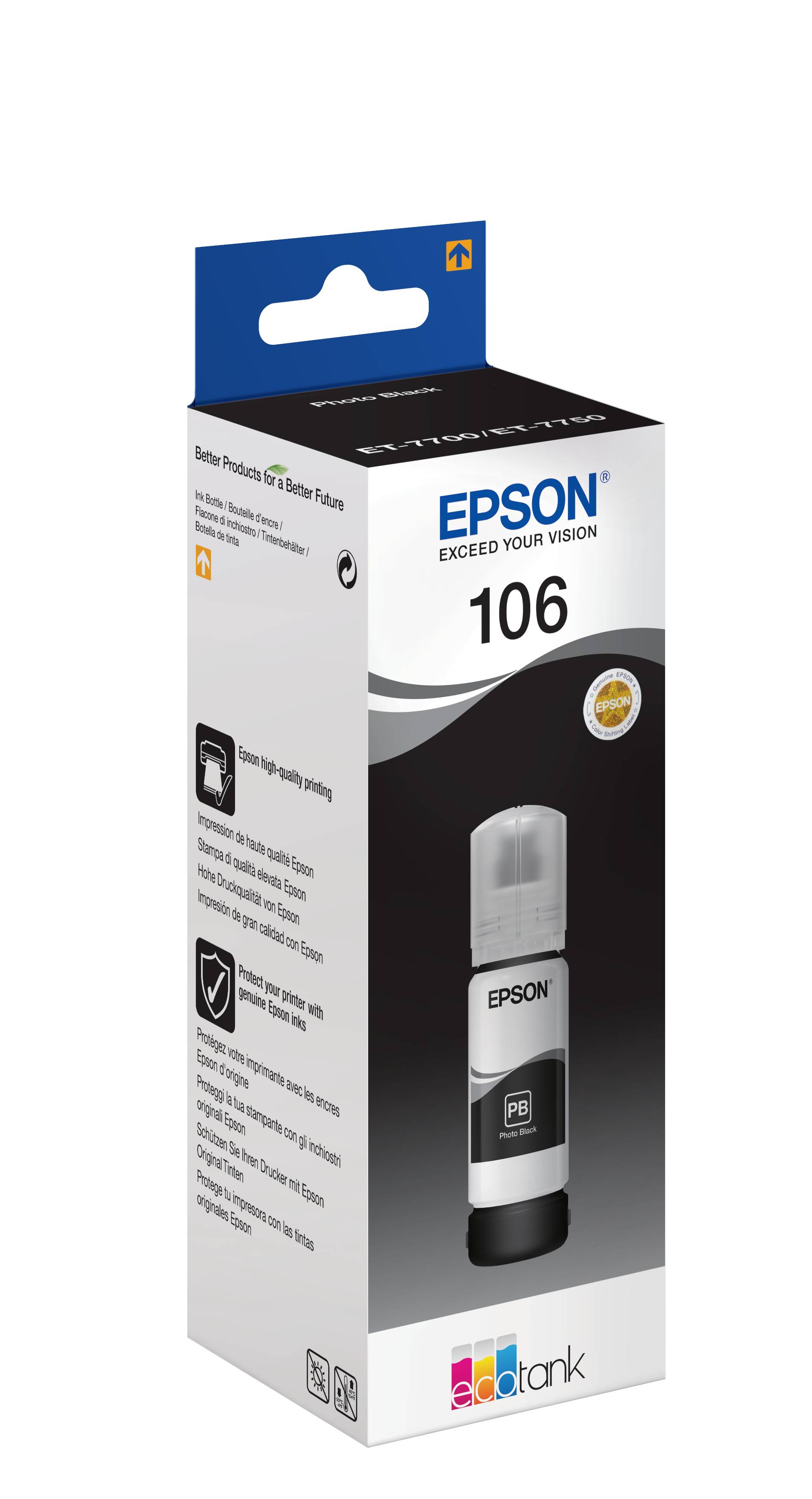 Epson 106 EcoTank-Tintenflasche Verpackung, gezeigt als weiße und schwarze Produktschachtel mit Flaschenabbildung und Epson-Logo.