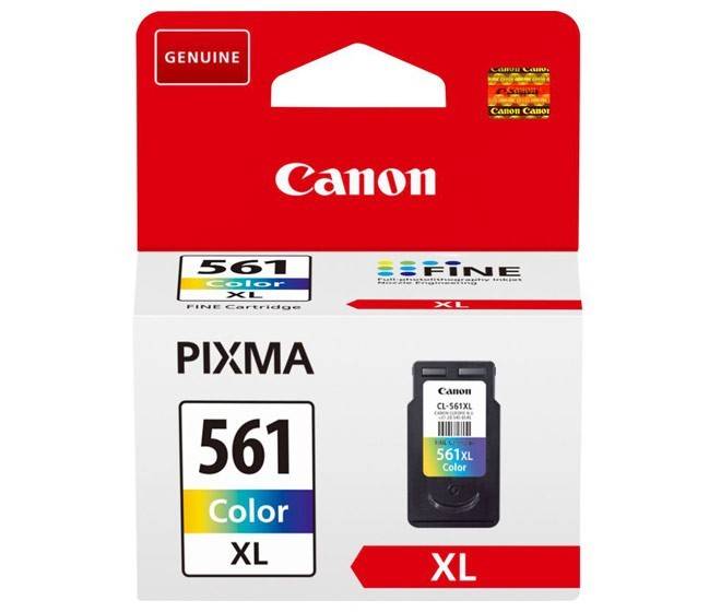 Canon PIXMA Farbtintenpatrone (561 XL) in roter und weißer Verpackung, die Produktmarke und Kompatibilitätsdetails zeigt.