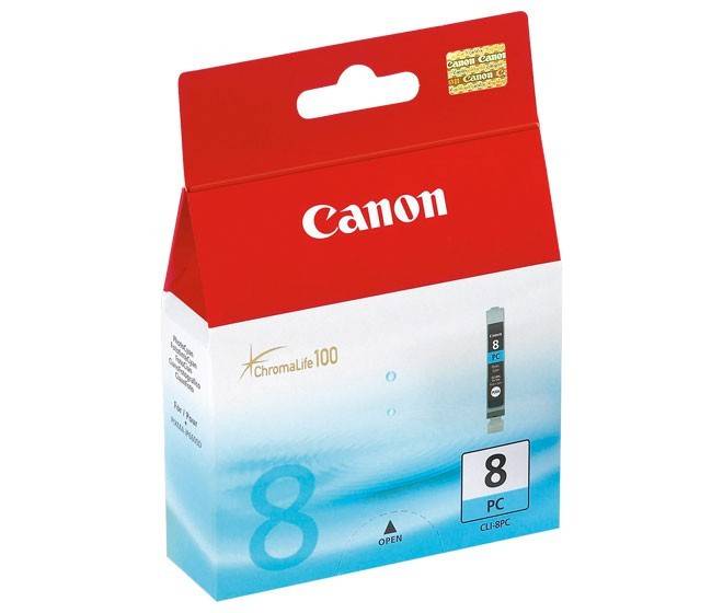 Canon Tintenpatrone Verpackung, rot-weiße Box, mit 'ChromaLife 100' Logo und '8 PC' Beschriftung, die den Tintentyp und die Marke veranschaulicht.