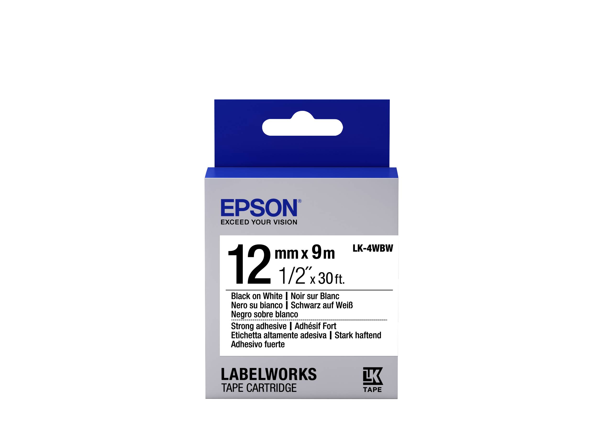 Epson LabelWorks LK-4WBW - Stark klebend - Schwarz auf Weiß - Rolle (1,2 cm x 9 m)
