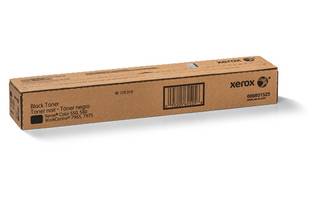 Xerox schwarze Tonerpatrone in einer langen braunen Verpackung mit Produktetikett und Barcode auf weißem Hintergrund.
