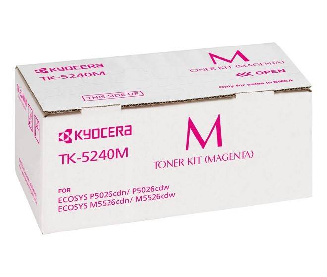 Magenta Kyocera Tonerkassetten-Set in der Box mit der Bezeichnung 'TK-5240M'. Geeignet für die Drucker ECOSYS P5026cdn, P5026cdw, M5526cdn, M5526cdw.