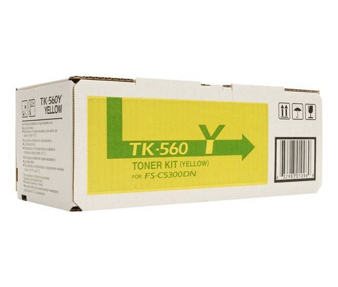 Gelber Tonerkartuschensatz-Karton mit Aufschrift 'TK-560 (Gelb) für FS-C5300DN' auf weißem Hintergrund, mit Symbolen für Handhabungsanweisungen.
