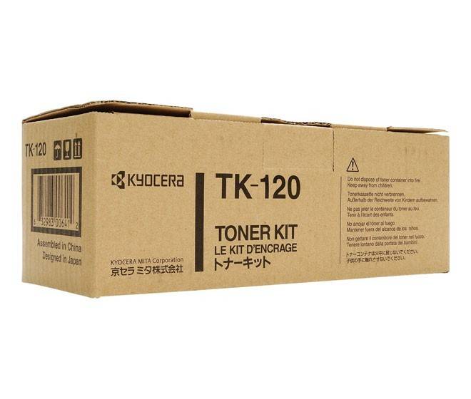 TK-120 Tonerkassettenset-Box von Kyocera, beschriftet auf Englisch, Französisch und Japanisch. Enthält Recyclinginformationen und Barcodes auf der Seite.