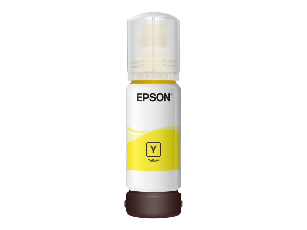Eine gelbe Epson-Tintenflasche mit transparentem Deckel, beschriftet mit „Y