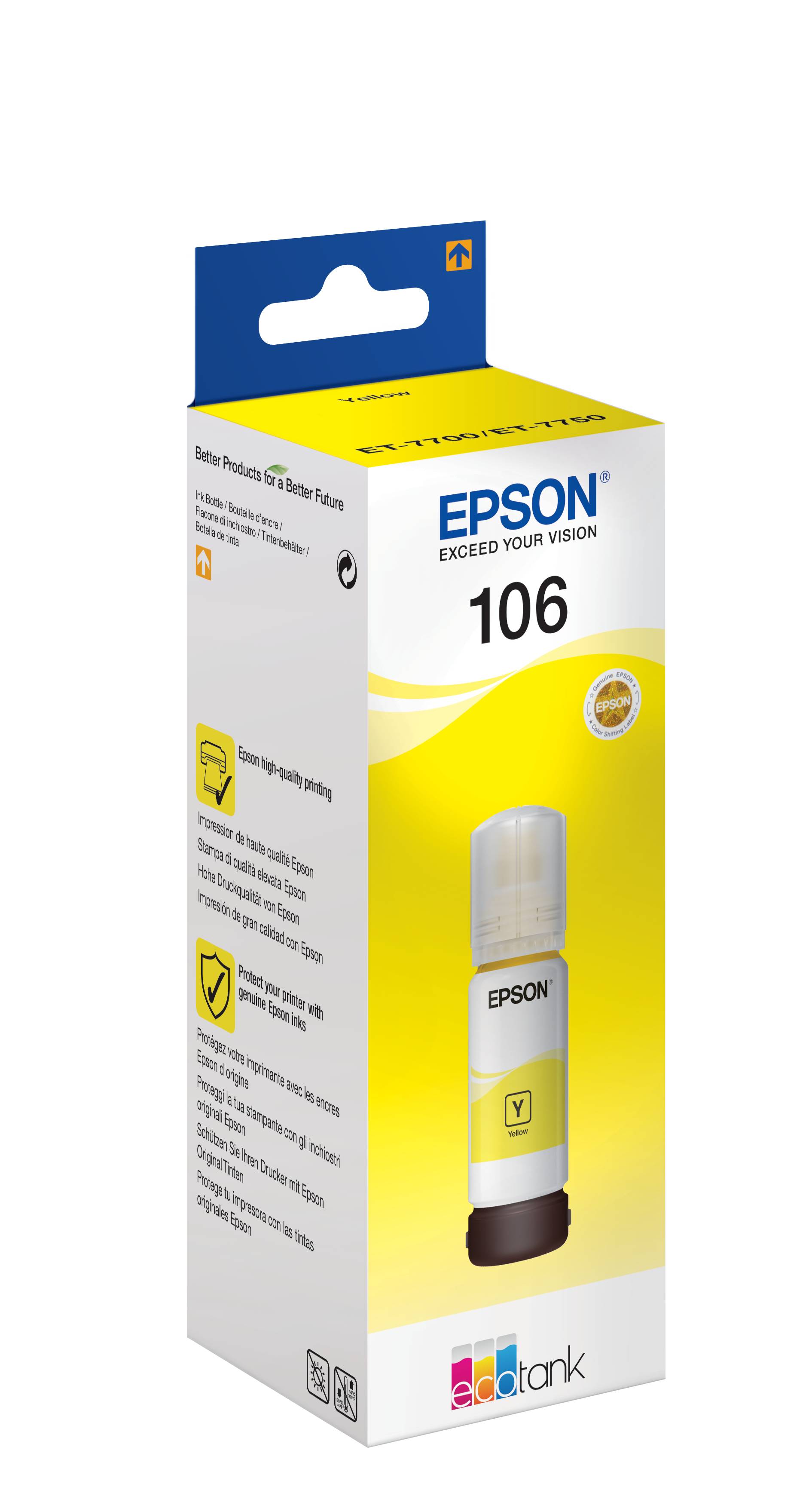 Epson 106 gelbe EcoTank Tintenflasche Einzelhandelsbox, gezeigt in Verpackung mit Flaschenabbildung und Markenlogo.