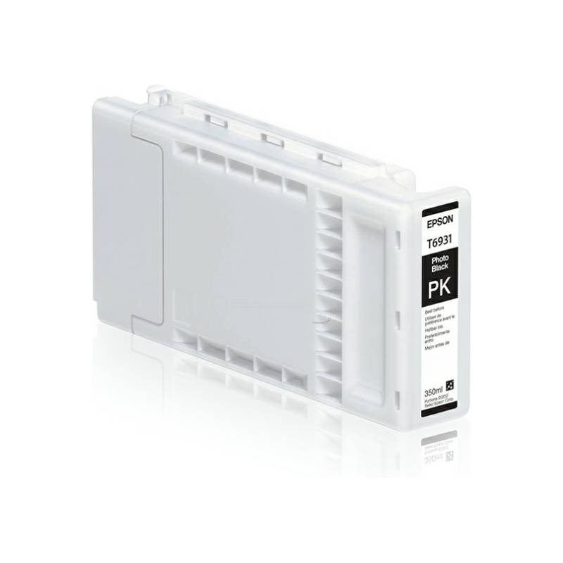Weiße Epson T6931 Fotoschwarz-Tintenpatrone auf weißem Hintergrund.