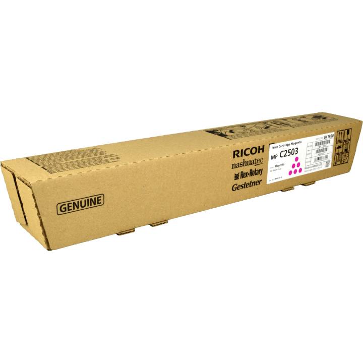 Eine rechteckige braune Schachtel mit dem Etikett „Ricoh