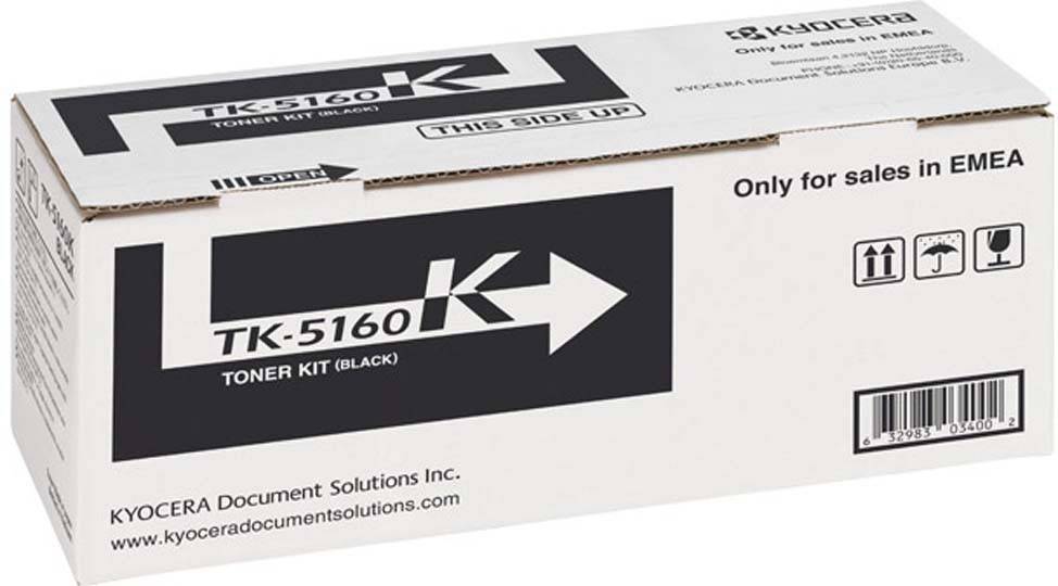 Karton für das schwarze Tonerkartuschen-Set 'TK-5160K' von KYOCERA Document Solutions, mit Pfeil nach rechts.