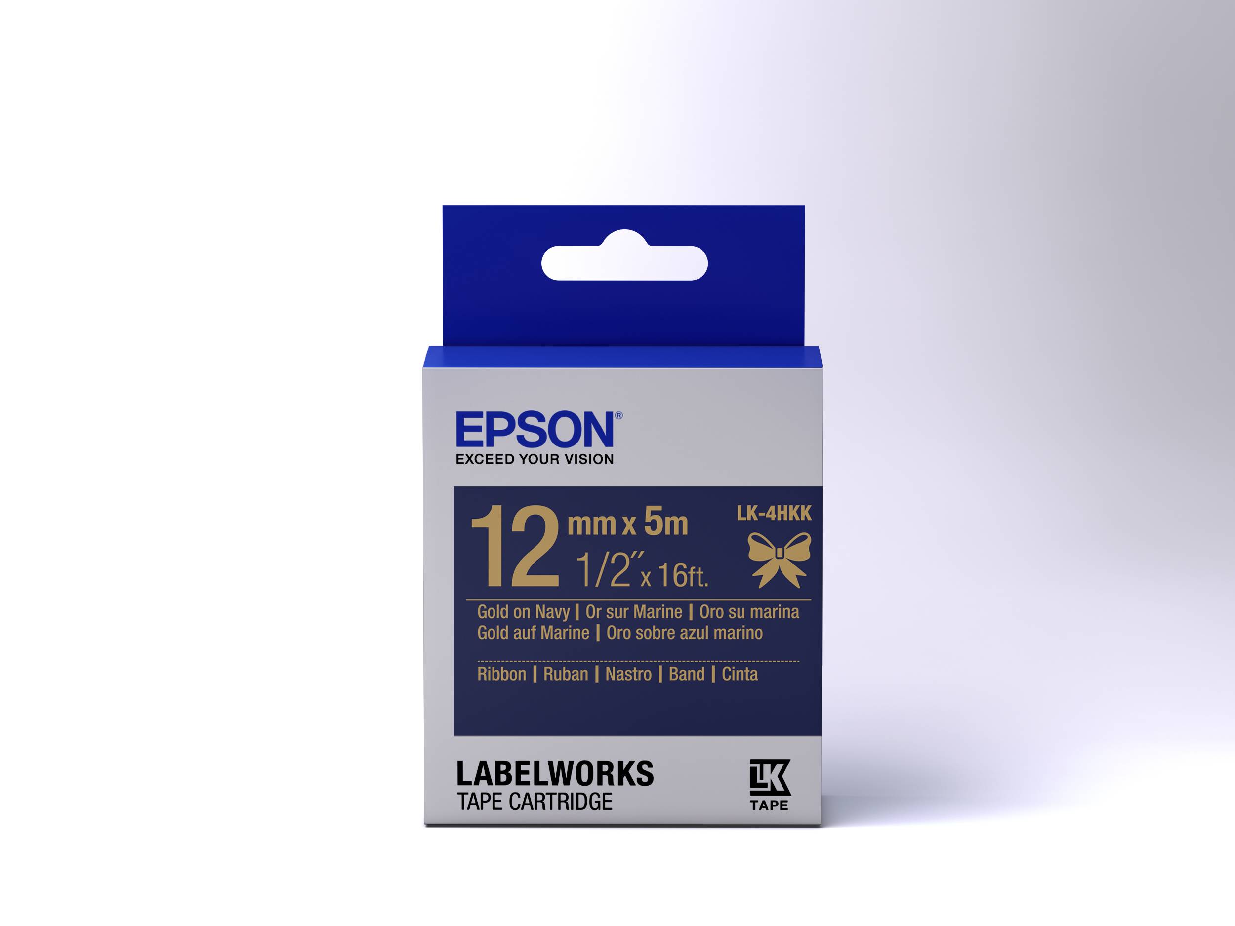 EPSON LabelWorks Klebeband-Kassette, 12 mm x 5 m gold-auf-dunkelblau Farbband, mit LabelWorks- und LK Tape-Branding.