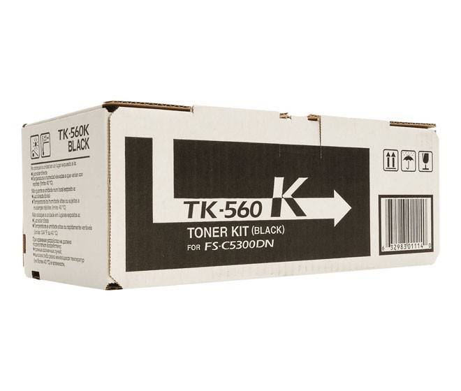 Schwarzes Toner-Kit TK-560K für FS-C5300DN mit Pfeilgrafik, Recycling-Symbolen und Produktdetails auf brauner Kartonverpackung.