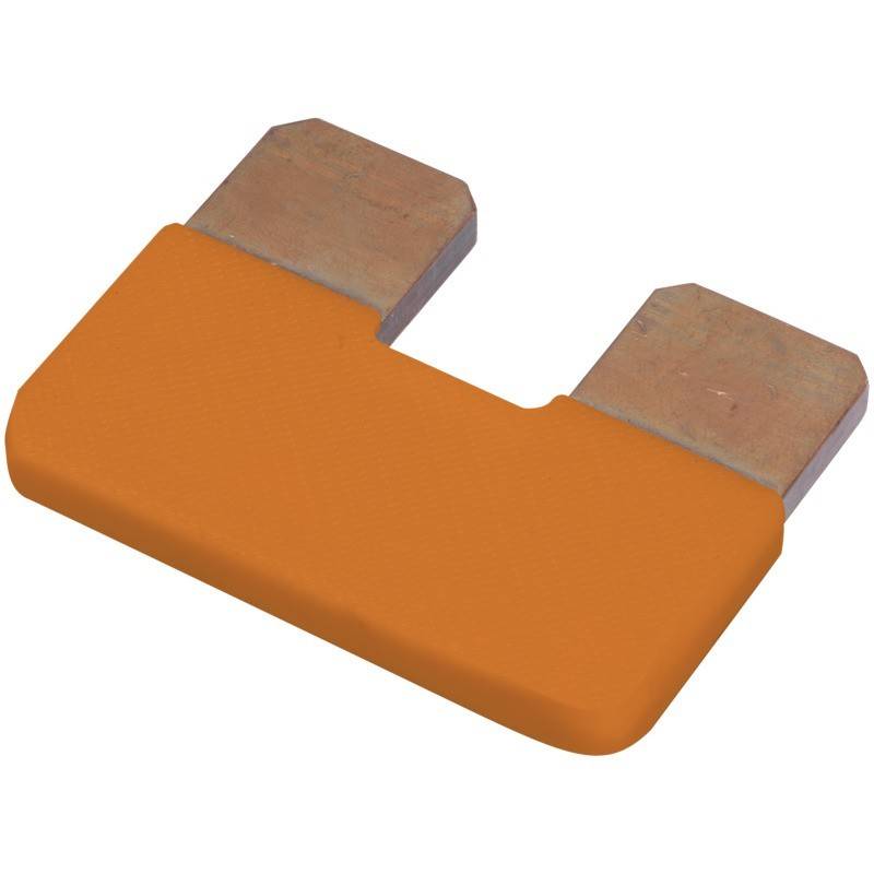 Ein orangefarbener, flacher Metallverbinder mit zwei Stiften, der für elektrische Verbindungen in verschiedenen Geräten und Schaltanlagen verwendet wird.