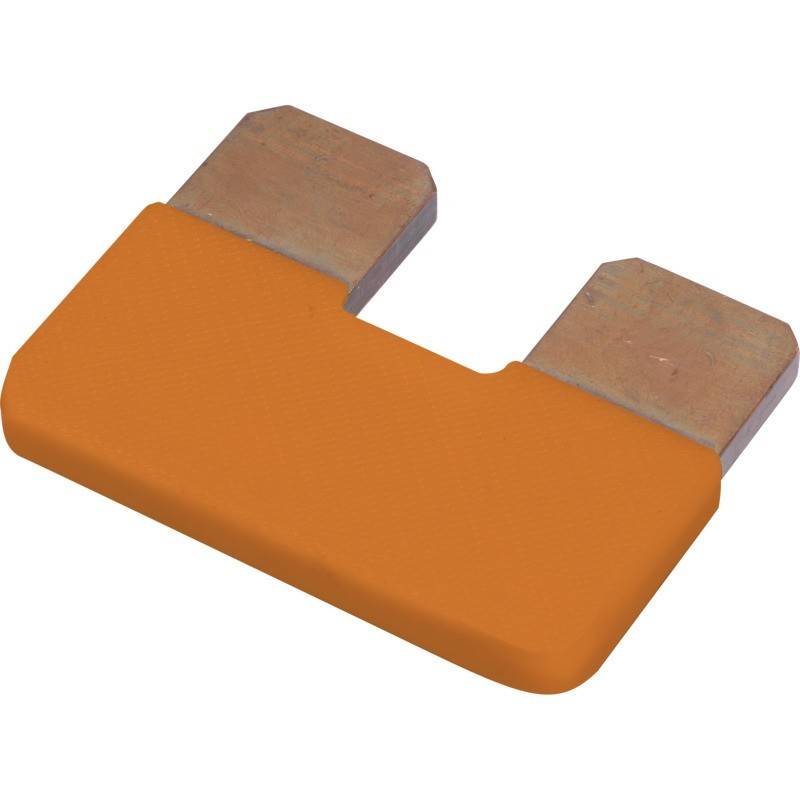 Ein orangefarbener Kupfer-Klemmenanschluss mit zwei Drähten, der für elektrische Verbindungen verwendet wird, mit zwei flachen Metallzinken auf einer Seite.