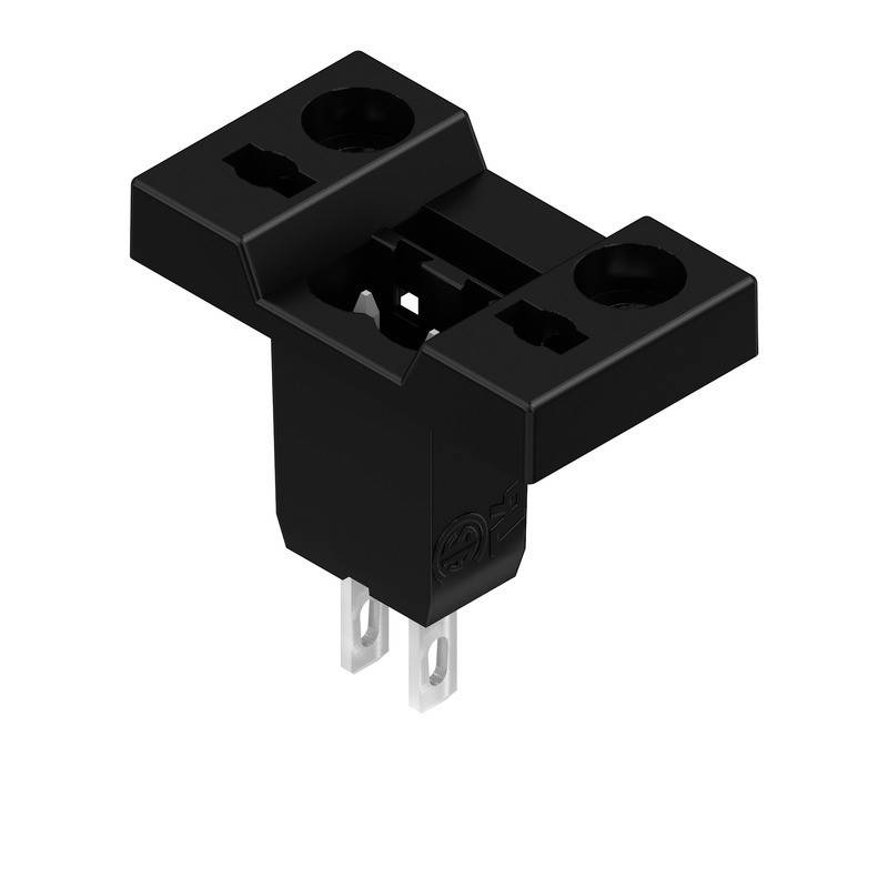 Ein schwarzer Optosensor mit Montagebohrungen und zwei Metallstiften zur Leiterplattenkonnektivität.
